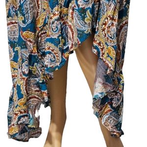 I.N. Studio Womens Petite  Blue Teal Boho Paisley HiLo Ruffle Lined Skirt PXL